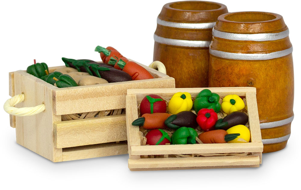 An image of miniature barrels and crates of vegetables